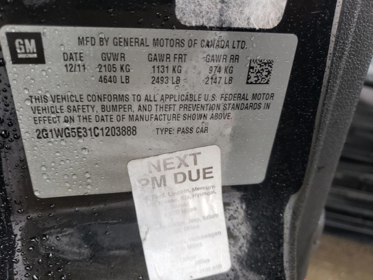 Photo 10 from auction – 2012 CHEVROLET IMPALA LT with VIN 2G1WG5E31C1203888