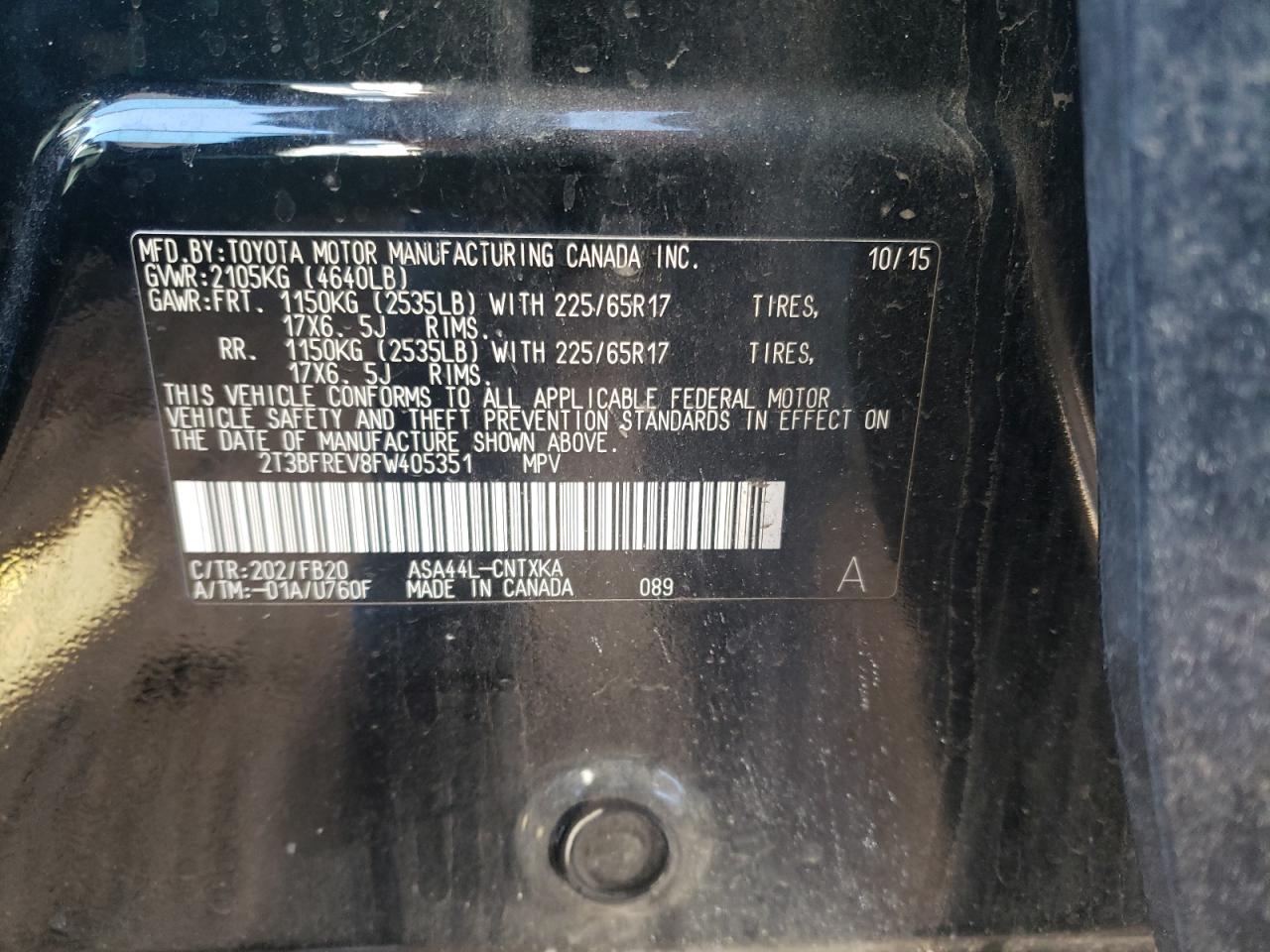 Photo 10 from auction – 2015 TOYOTA RAV4 LE with VIN 2T3BFREV8FW405351