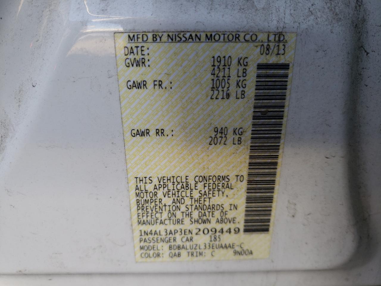 Photo 10 from auction – 2014 NISSAN ALTIMA 2.5 with VIN 1N4AL3AP3EN209449