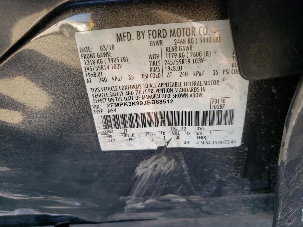 Photo 10 from auction – 2018 FORD EDGE TITAN with VIN 2FMPK3K89JBB88512
