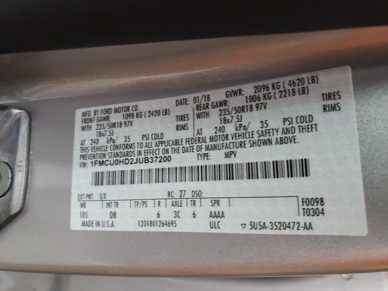 Photo 10 from auction – 2018 FORD ESCAPE SEL with VIN 1FMCU0HD2JUB37200