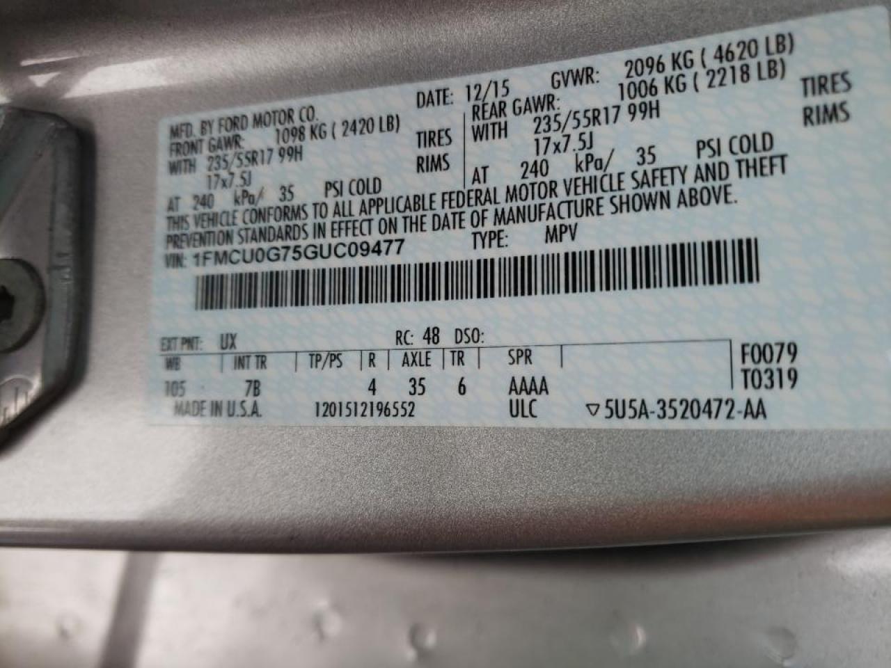 صورة رقم 10 من المزاد - 2016 FORD ESCAPE SE مع VIN 1FMCU0G75GUC09477
