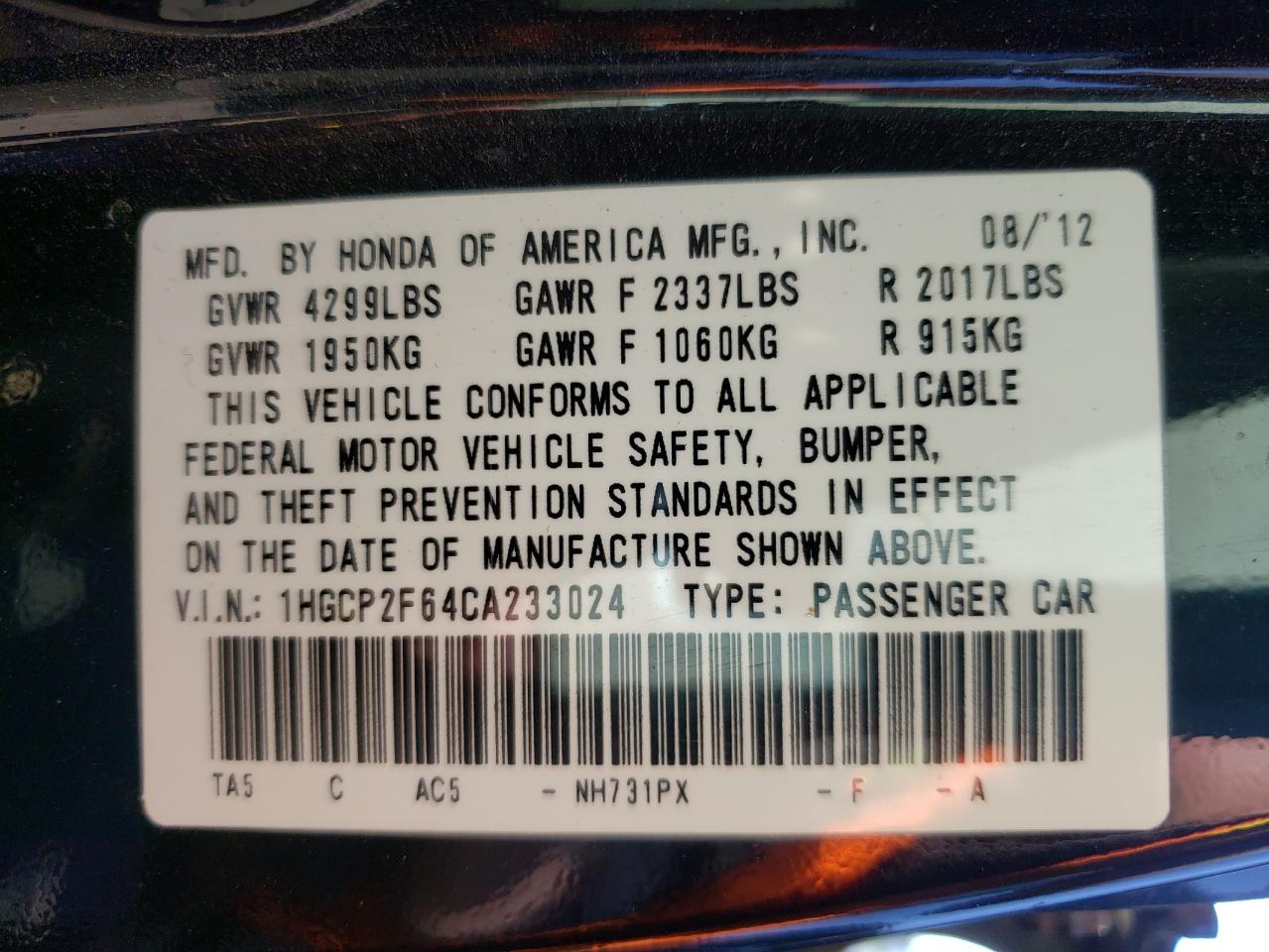 Photo 10 from auction – 2012 HONDA ACCORD SE with VIN 1HGCP2F64CA233024