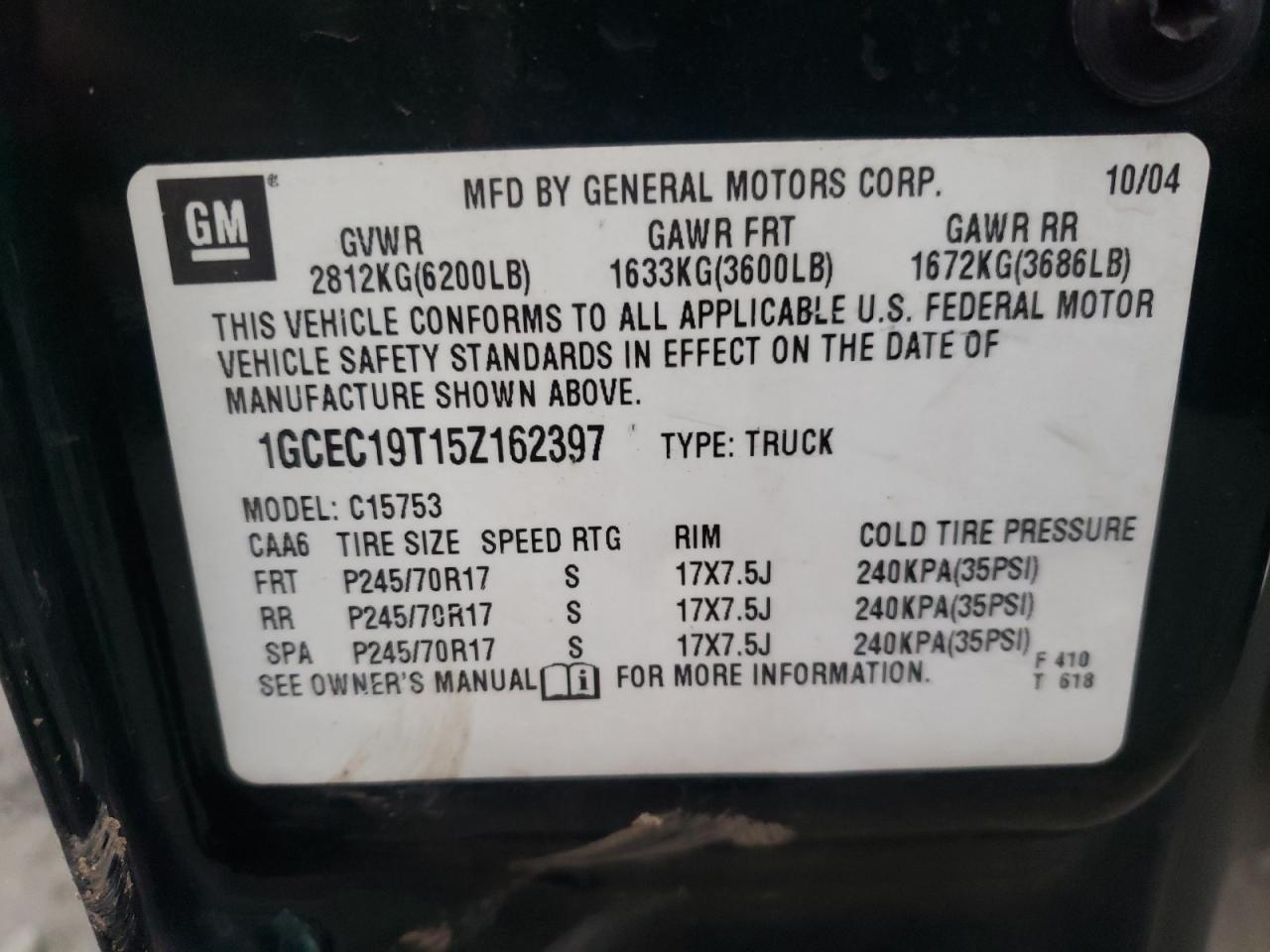 Photo 10 from auction – 2005 CHEVROLET SILVERADO with VIN 1GCEC19T15Z162397