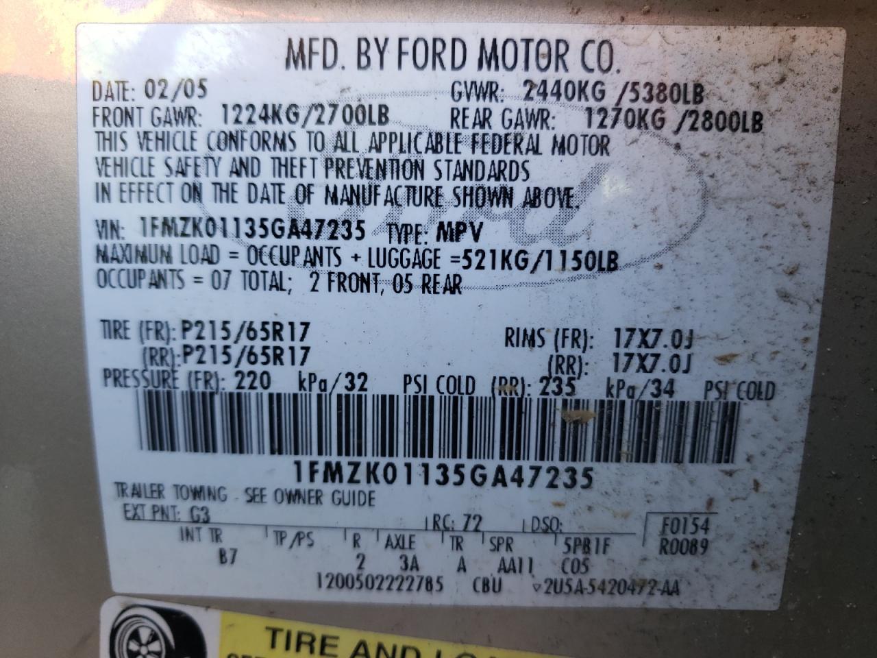 Photo 10 from auction – 2005 FORD FREESTYLE with VIN 1FMZK01135GA47235