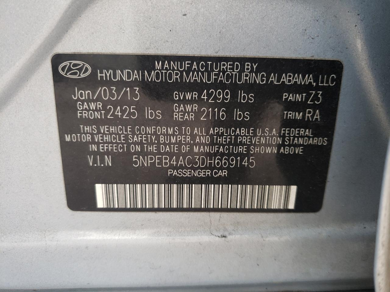 Photo 10 from auction – 2013 HYUNDAI SONATA GLS with VIN 5NPEB4AC3DH669145