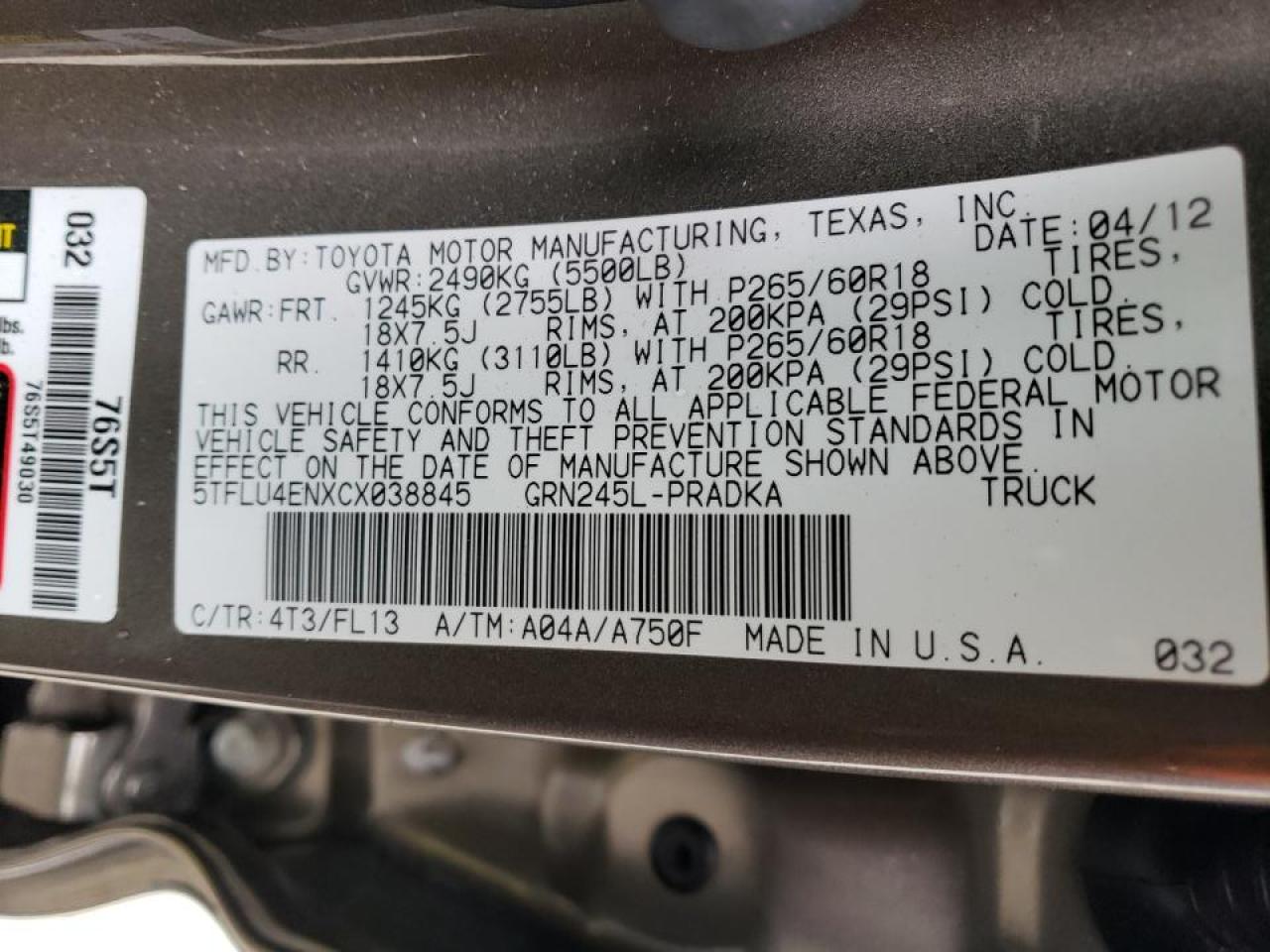 Photo 10 from auction – 2012 TOYOTA TACOMA DOU with VIN 5TFLU4ENXCX038845