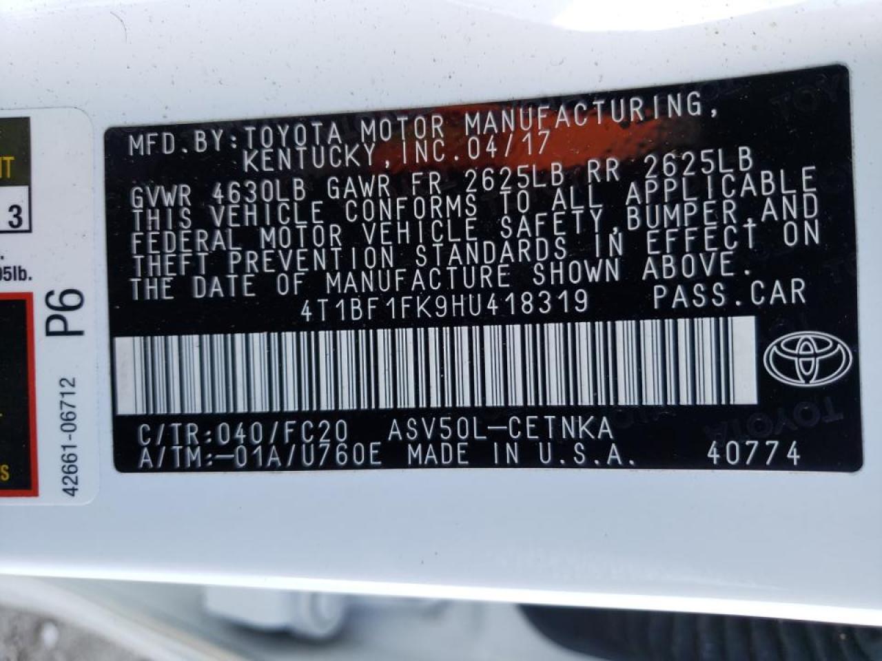 Photo 10 from auction – 2017 TOYOTA CAMRY LE with VIN 4T1BF1FK9HU418319