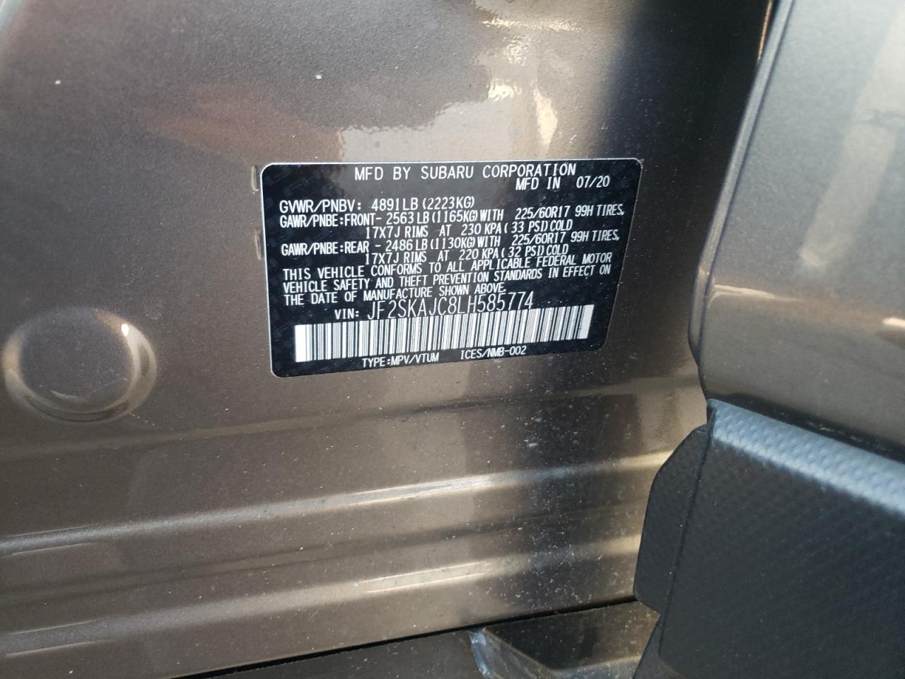 Photo 10 from auction – 2020 SUBARU FORESTER P with VIN JF2SKAJC8LH585774