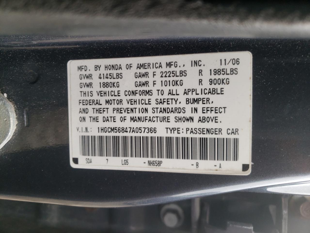 Photo 10 from auction – 2007 HONDA ACCORD EX with VIN 1HGCM56847A057366