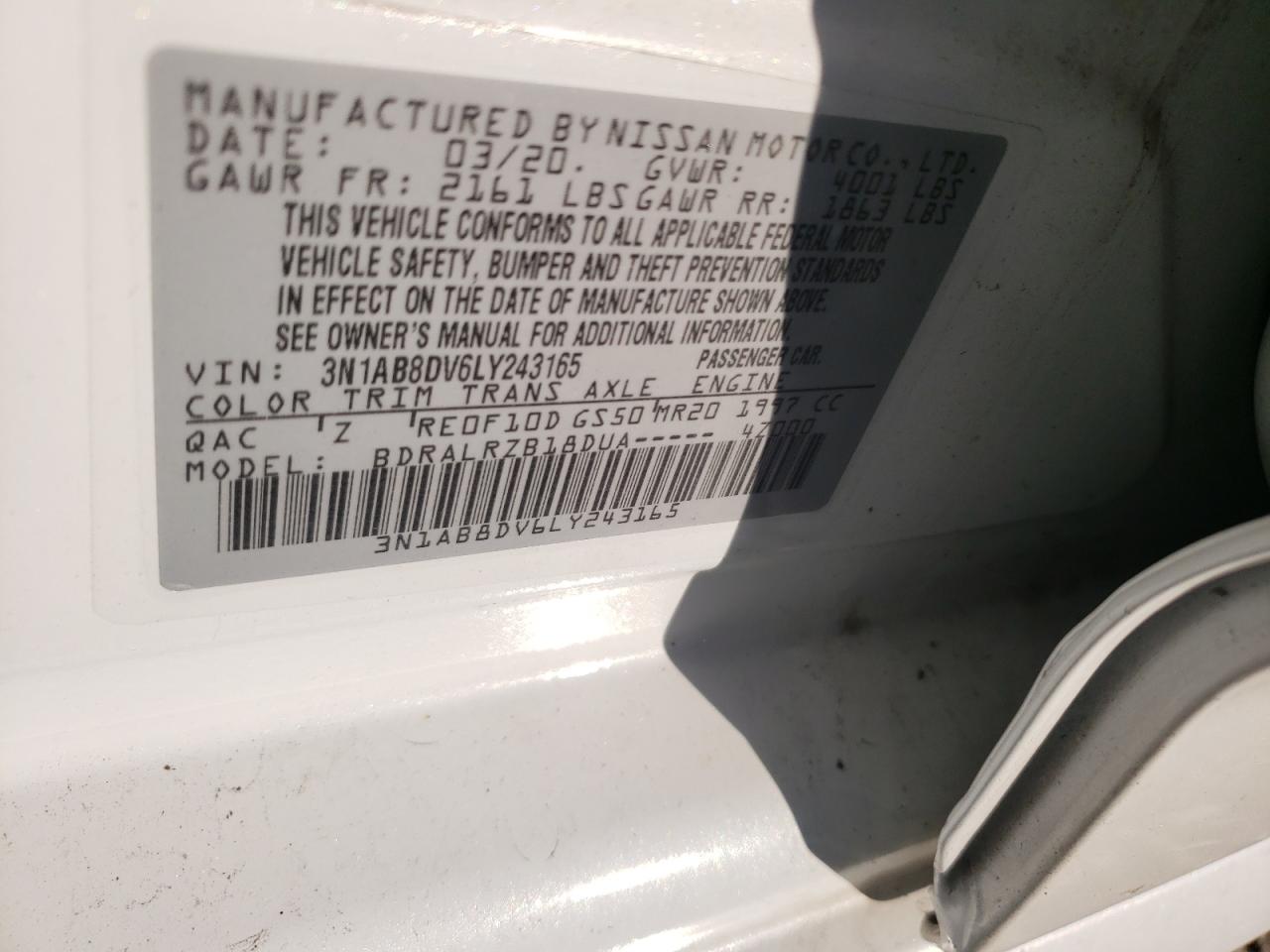 Photo 10 from auction – 2020 NISSAN SENTRA SR with VIN 3N1AB8DV6LY243165