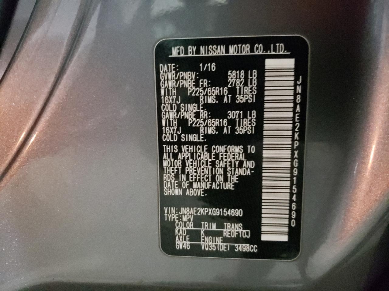 Photo 10 from auction – 2016 NISSAN QUEST S with VIN JN8AE2KPXG9154690