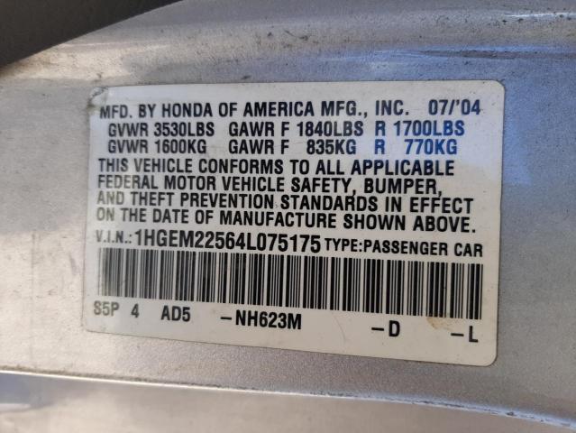 Photo 10 from auction – 2004 HONDA CIVIC LX with VIN 1HGEM22564L075175