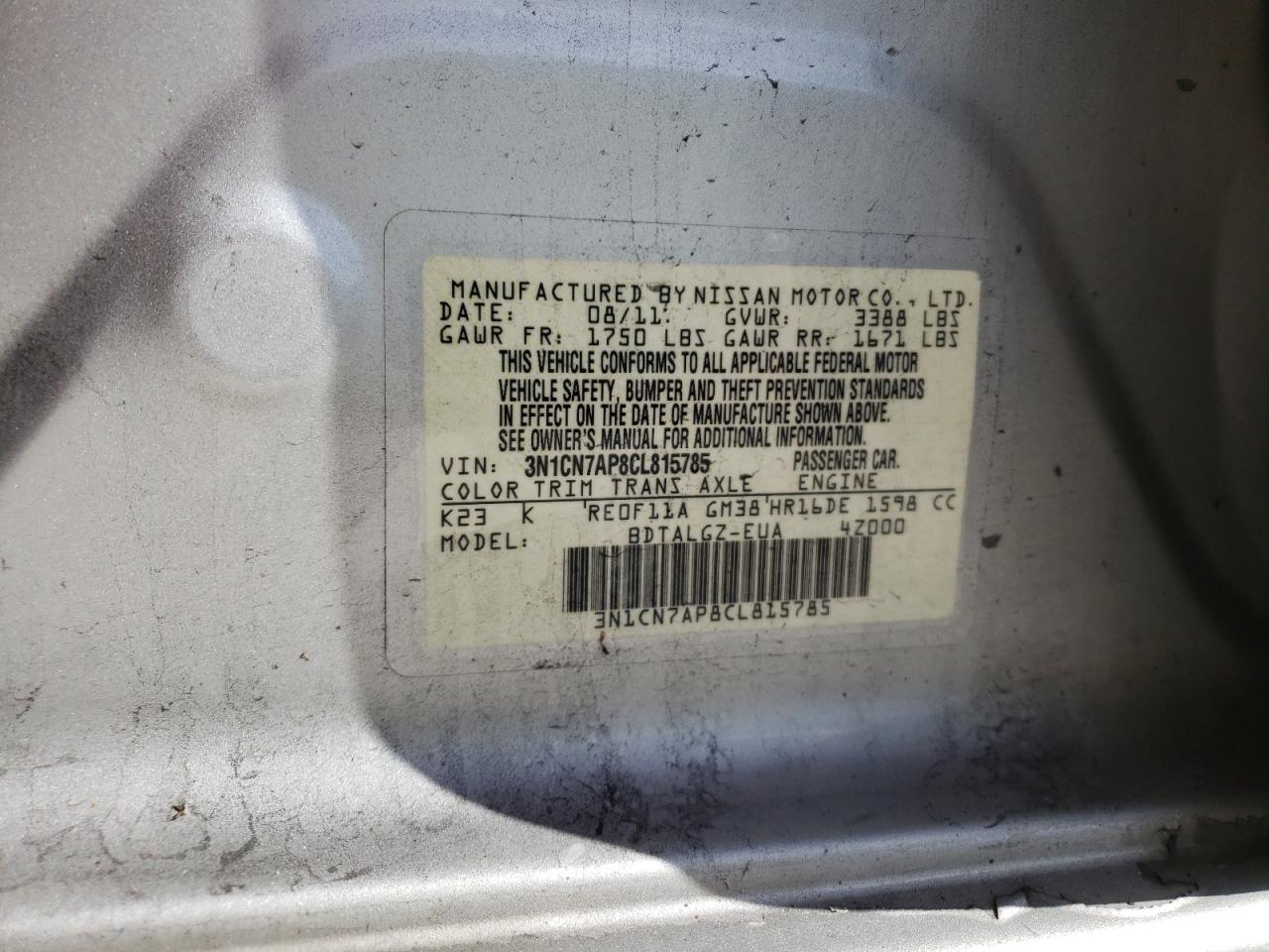 Photo 10 from auction – 2012 NISSAN VERSA S with VIN 3N1CN7AP8CL815785