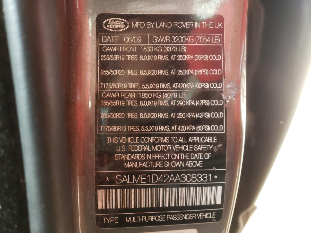 Photo 10 from auction – 2010 LAND ROVER RANGE ROVE with VIN SALME1D42AA308331