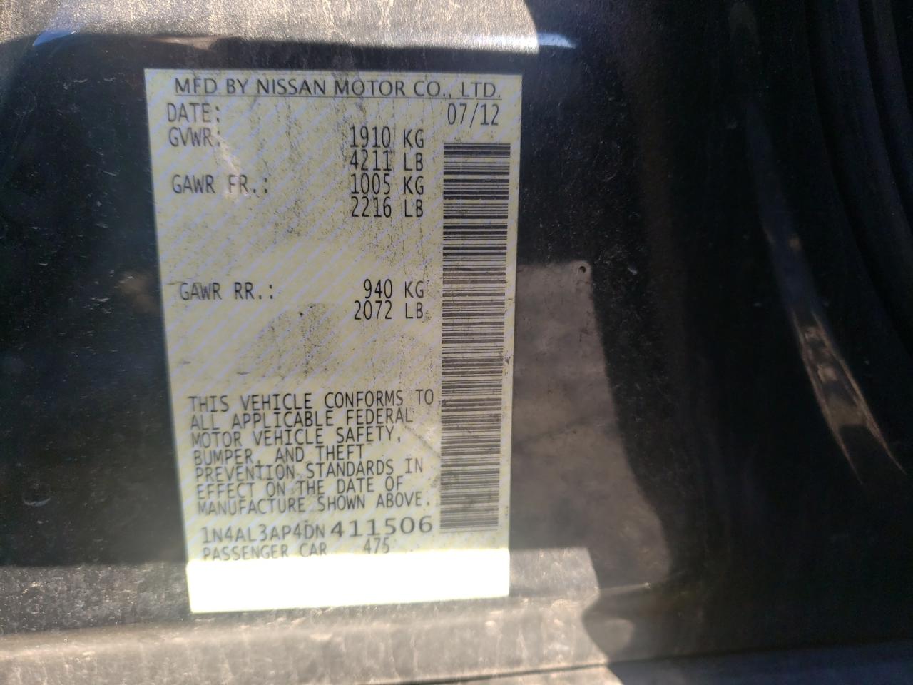 Photo 10 from auction – 2013 NISSAN ALTIMA 2.5 with VIN 1N4AL3AP4DN411506