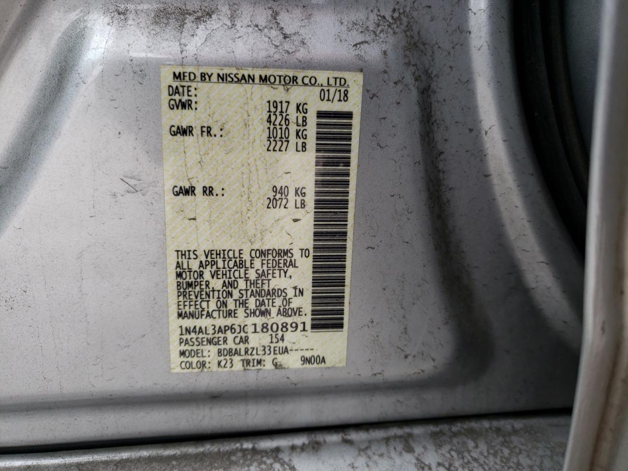 Photo 10 from auction – 2018 NISSAN ALTIMA 2.5 with VIN 1N4AL3AP6JC180891