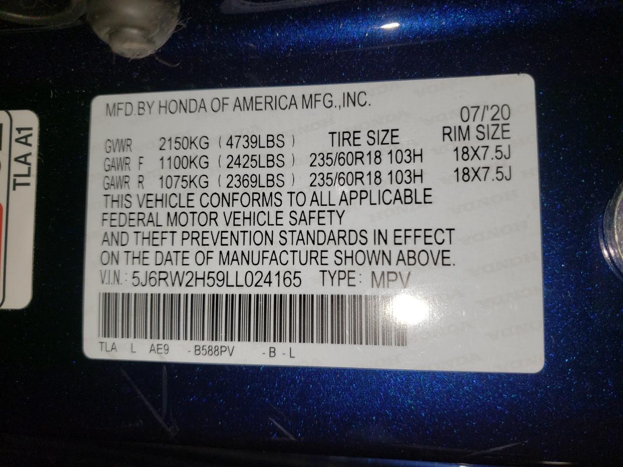 Photo 10 from auction – 2020 HONDA CR-V EX with VIN 5J6RW2H59LL024165