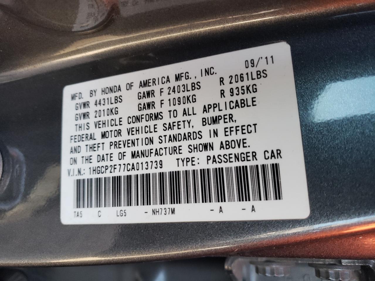 Photo 10 from auction – 2012 HONDA ACCORD EX with VIN 1HGCP2F77CA013739