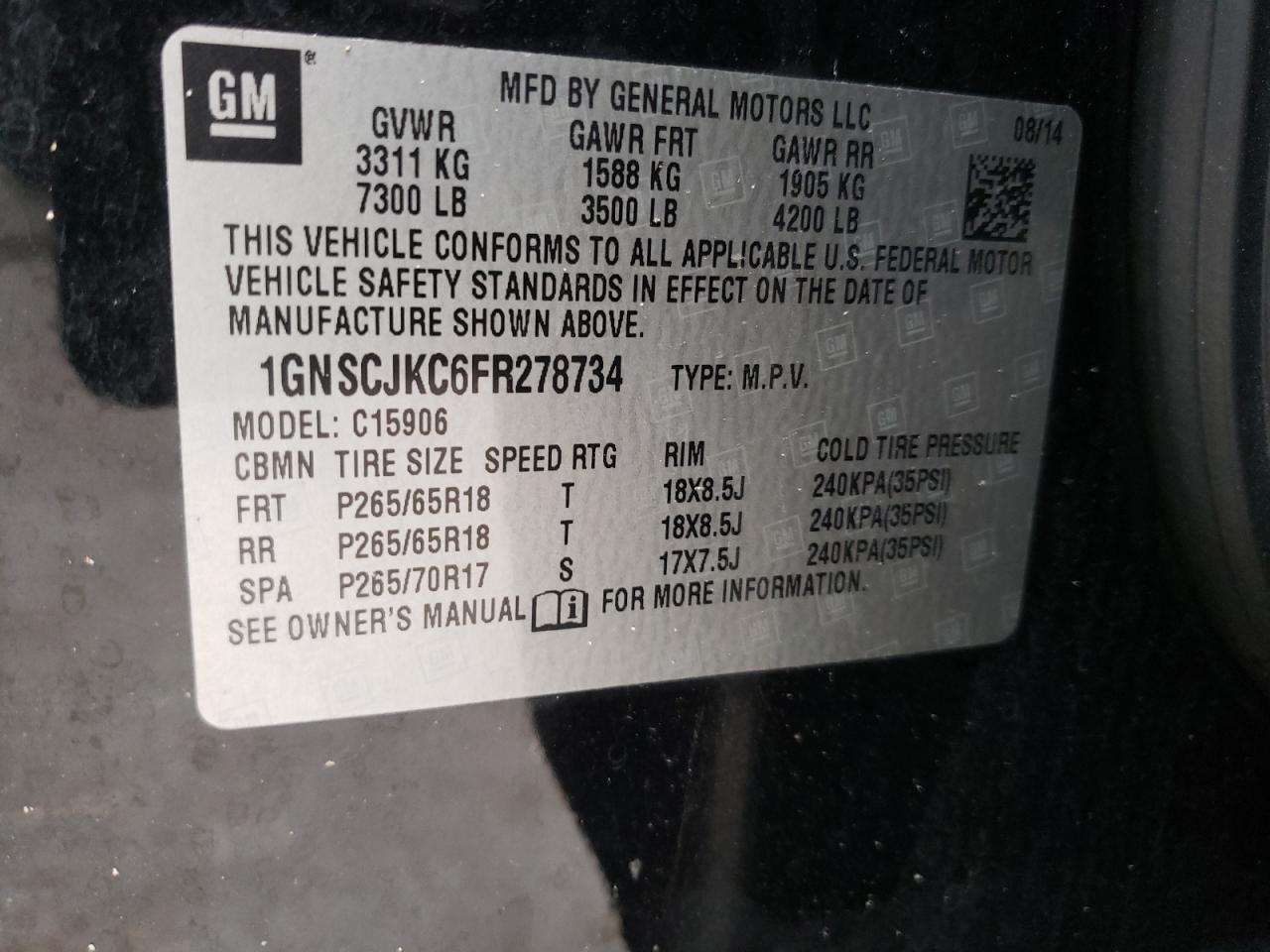 Photo 10 from auction – 2015 CHEVROLET SUBURBAN C with VIN 1GNSCJKC6FR278734
