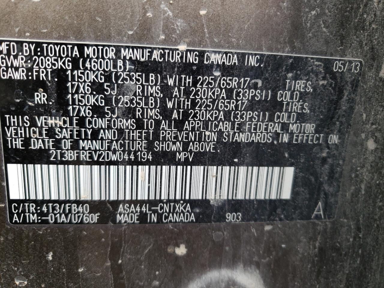 Photo 10 from auction – 2013 TOYOTA RAV4 LE with VIN 2T3BFREV2DW044194