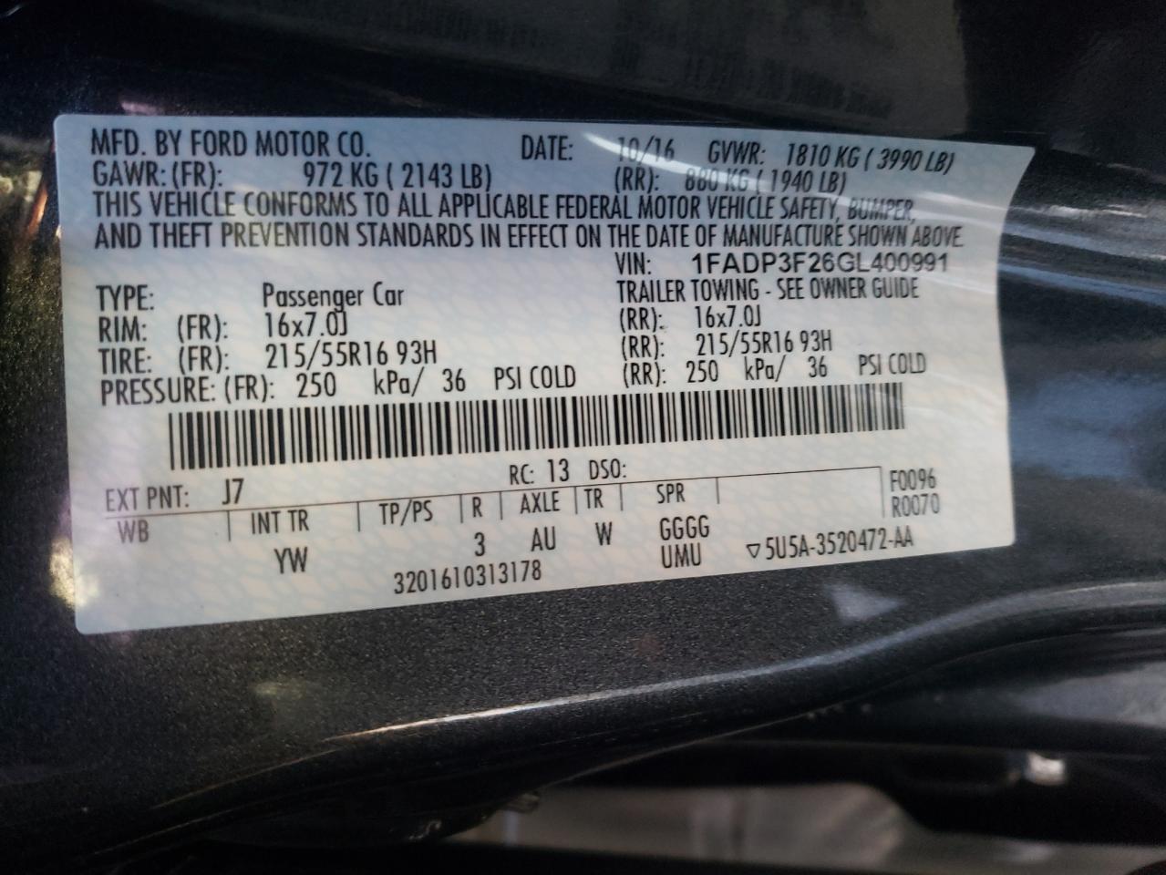Photo 10 from auction – 2016 FORD FOCUS SE with VIN 1FADP3F26GL400991