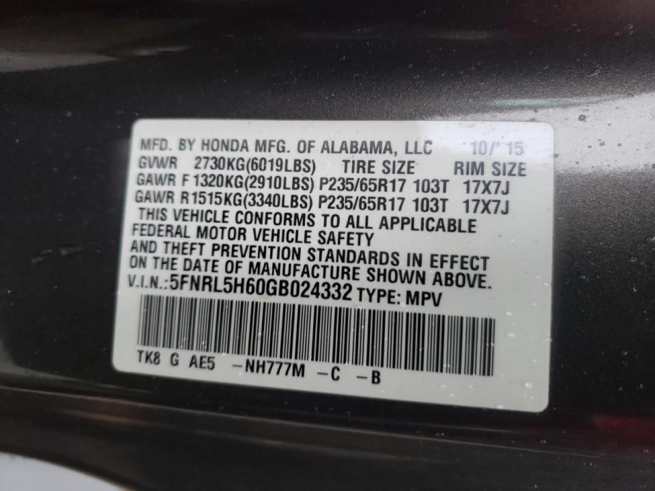 Photo 10 from auction – 2016 HONDA ODYSSEY EX with VIN 5FNRL5H60GB024332