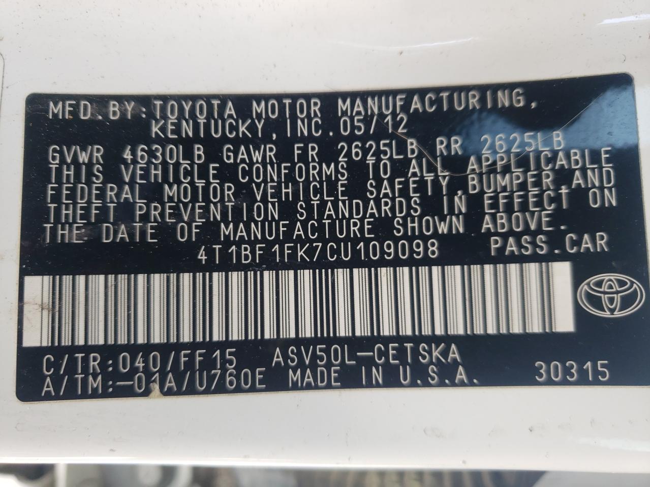 Photo 10 from auction – 2012 TOYOTA CAMRY BASE with VIN 4T1BF1FK7CU109098