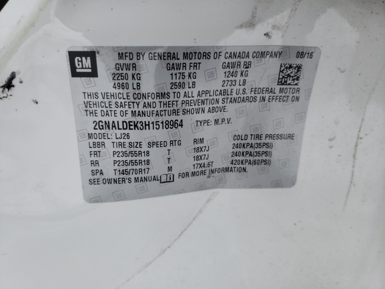 Photo 10 from auction – 2017 CHEVROLET EQUINOX PR with VIN 2GNALDEK3H1518964
