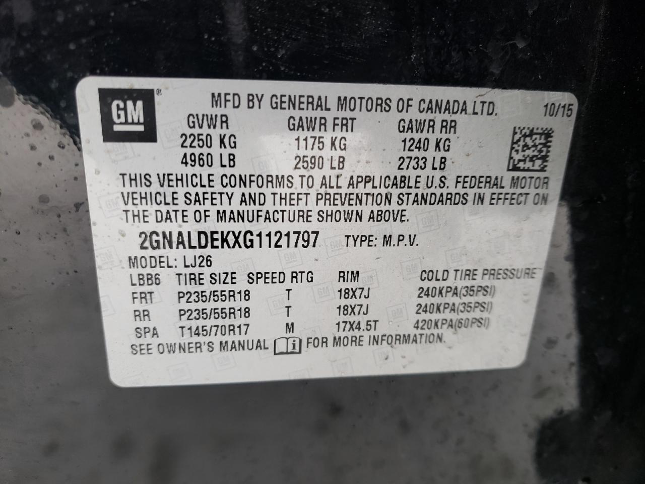 Photo 10 from auction – 2016 CHEVROLET EQUINOX LT with VIN 2GNALDEKXG1121797