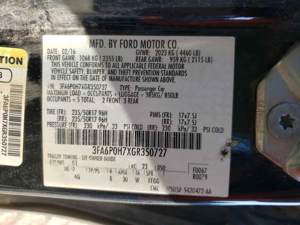 Photo 10 from auction – 2016 FORD FUSION SE with VIN 3FA6P0H7XGR350727