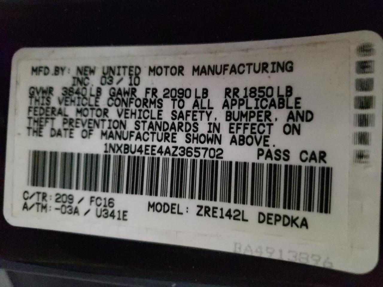 Photo 10 from auction – 2010 TOYOTA COROLLA BA with VIN 1NXBU4EE4AZ365702