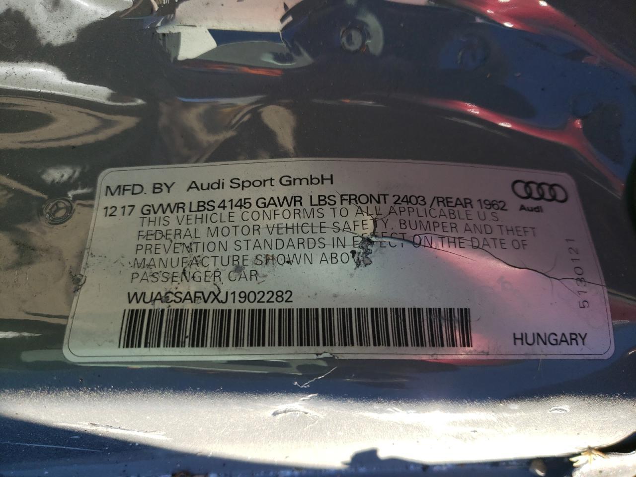 Photo 10 from auction – 2018 AUDI TT RS with VIN WUACSAFVXJ1902282
