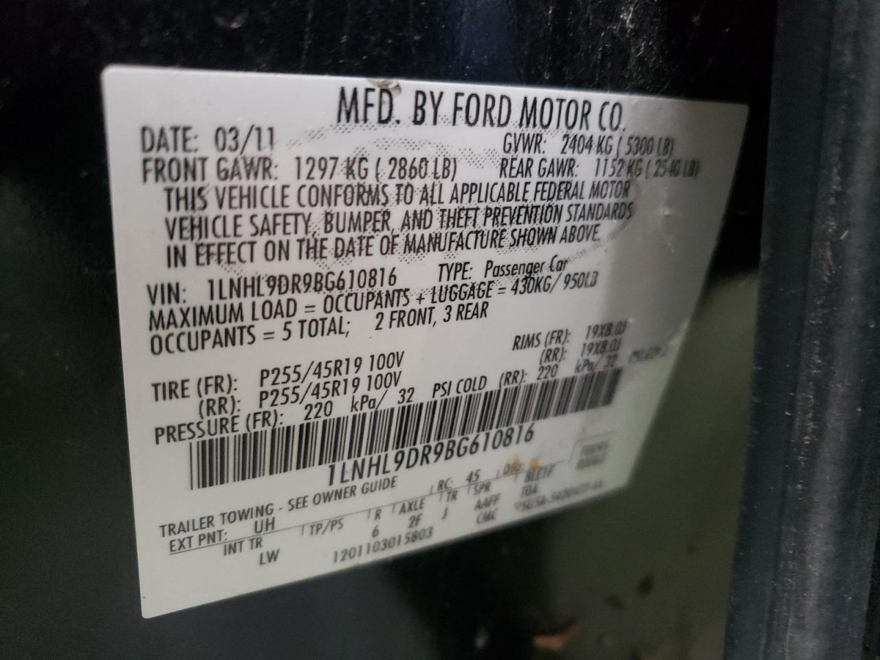 Photo 10 from auction – 2011 LINCOLN MKS with VIN 1LNHL9DR9BG610816