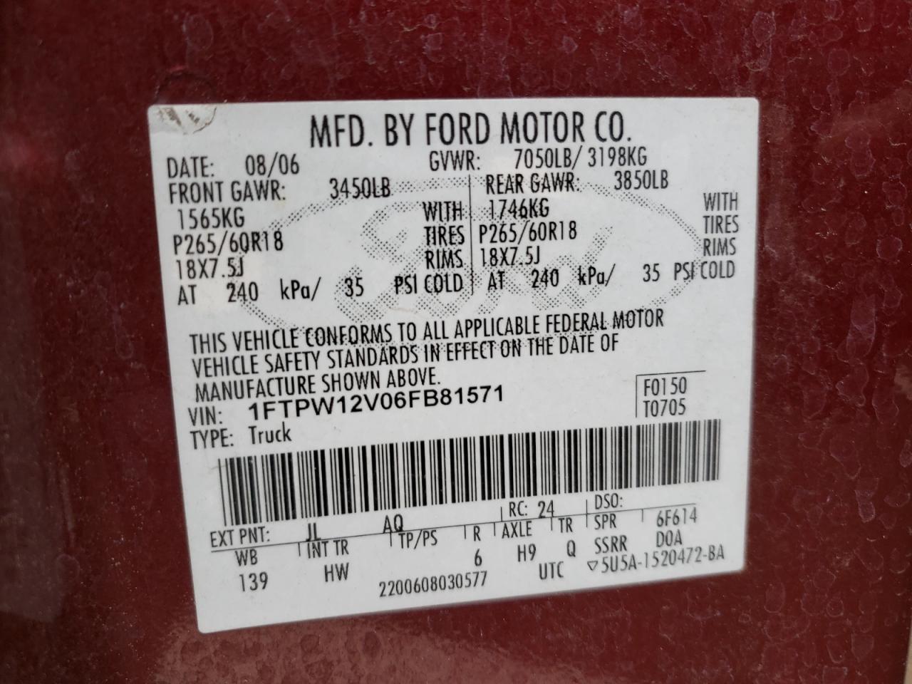 Photo 10 from auction – 2006 FORD F150 SUPER with VIN 1FTPW12V06FB81571