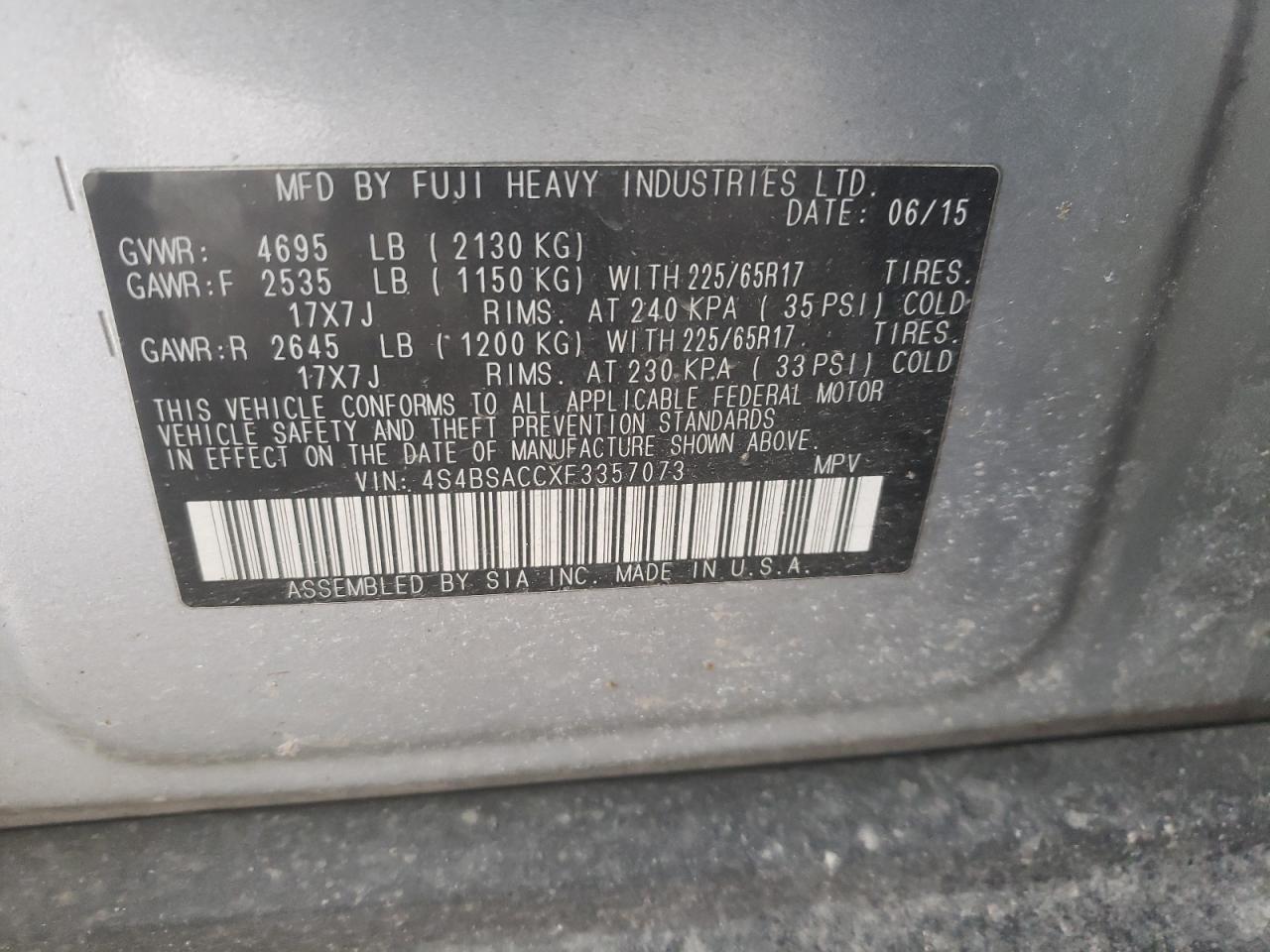 Photo 10 from auction – 2015 SUBARU OUTBACK 2. with VIN 4S4BSACCXF3357073