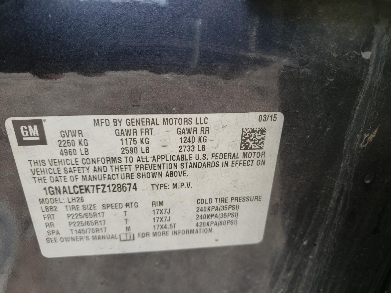 Photo 10 from auction – 2015 CHEVROLET EQUINOX LT with VIN 1GNALCEK7FZ128674
