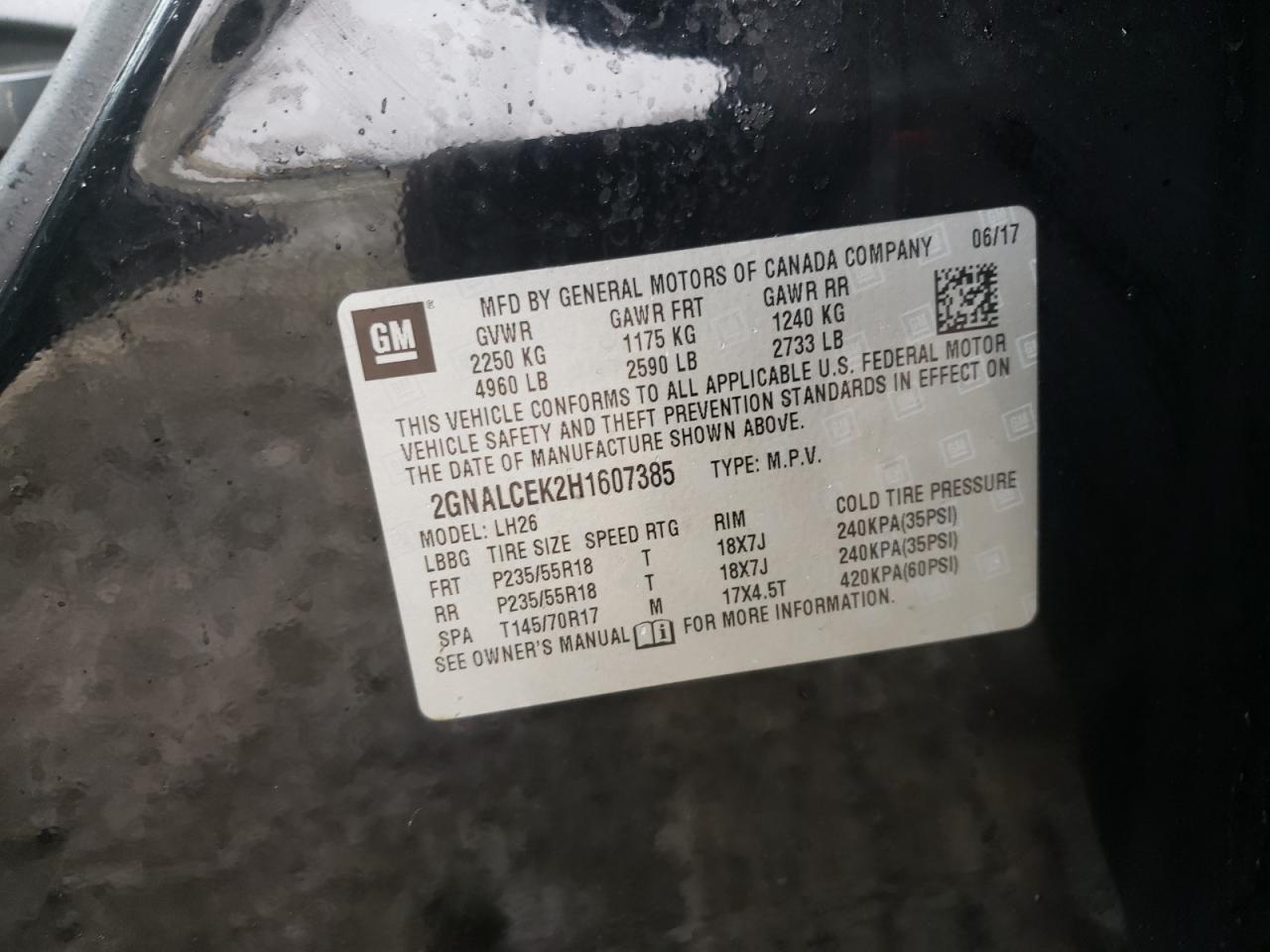 Photo 10 from auction – 2017 CHEVROLET EQUINOX LT with VIN 2GNALCEK2H1607385