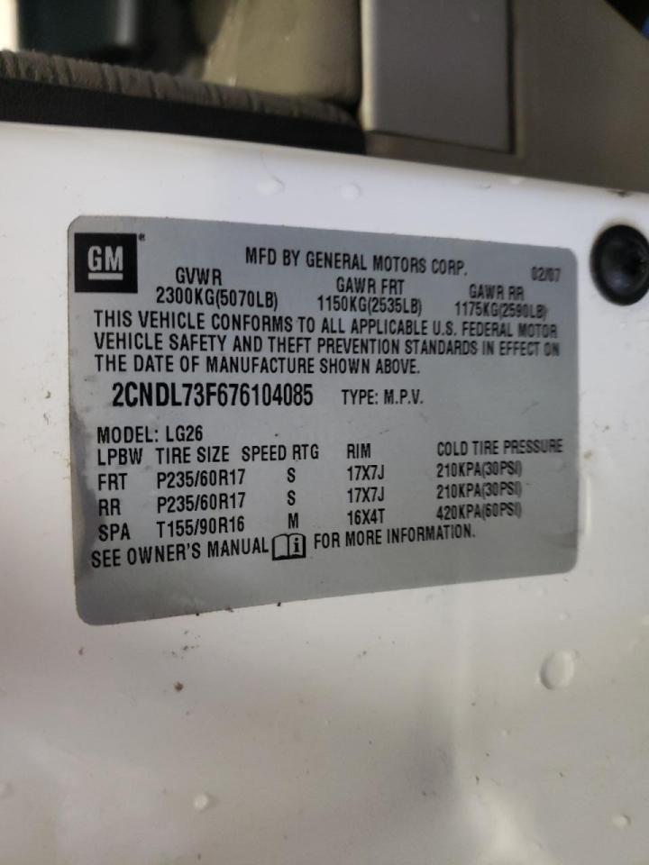 Photo 10 from auction – 2007 CHEVROLET EQUINOX LT with VIN 2CNDL73F676104085