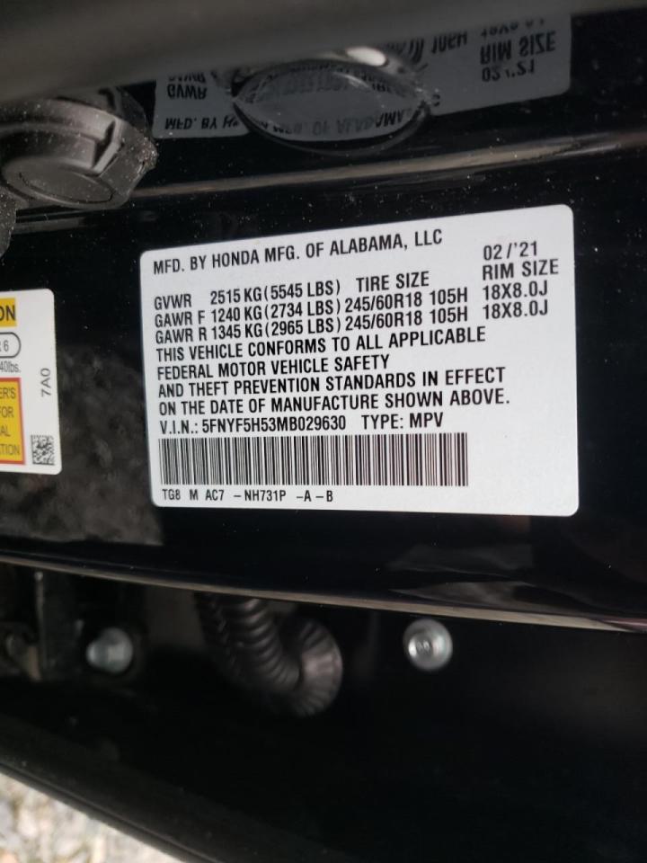 Photo 10 from auction – 2021 HONDA PILOT EXL with VIN 5FNYF5H53MB029630