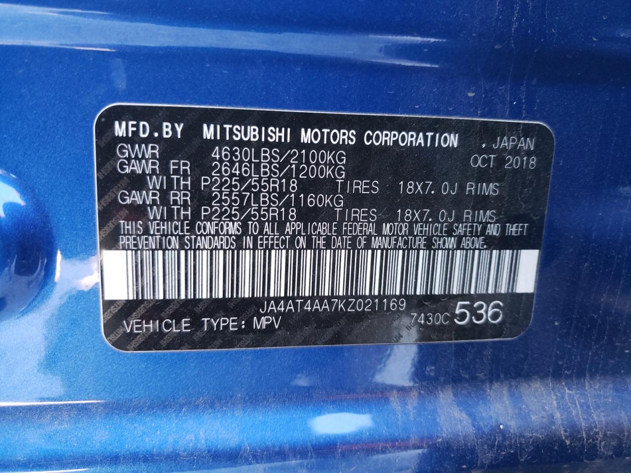 Photo 10 from auction – 2019 MITSUBISHI ECLIPSE CR with VIN JA4AT4AA7KZ021169