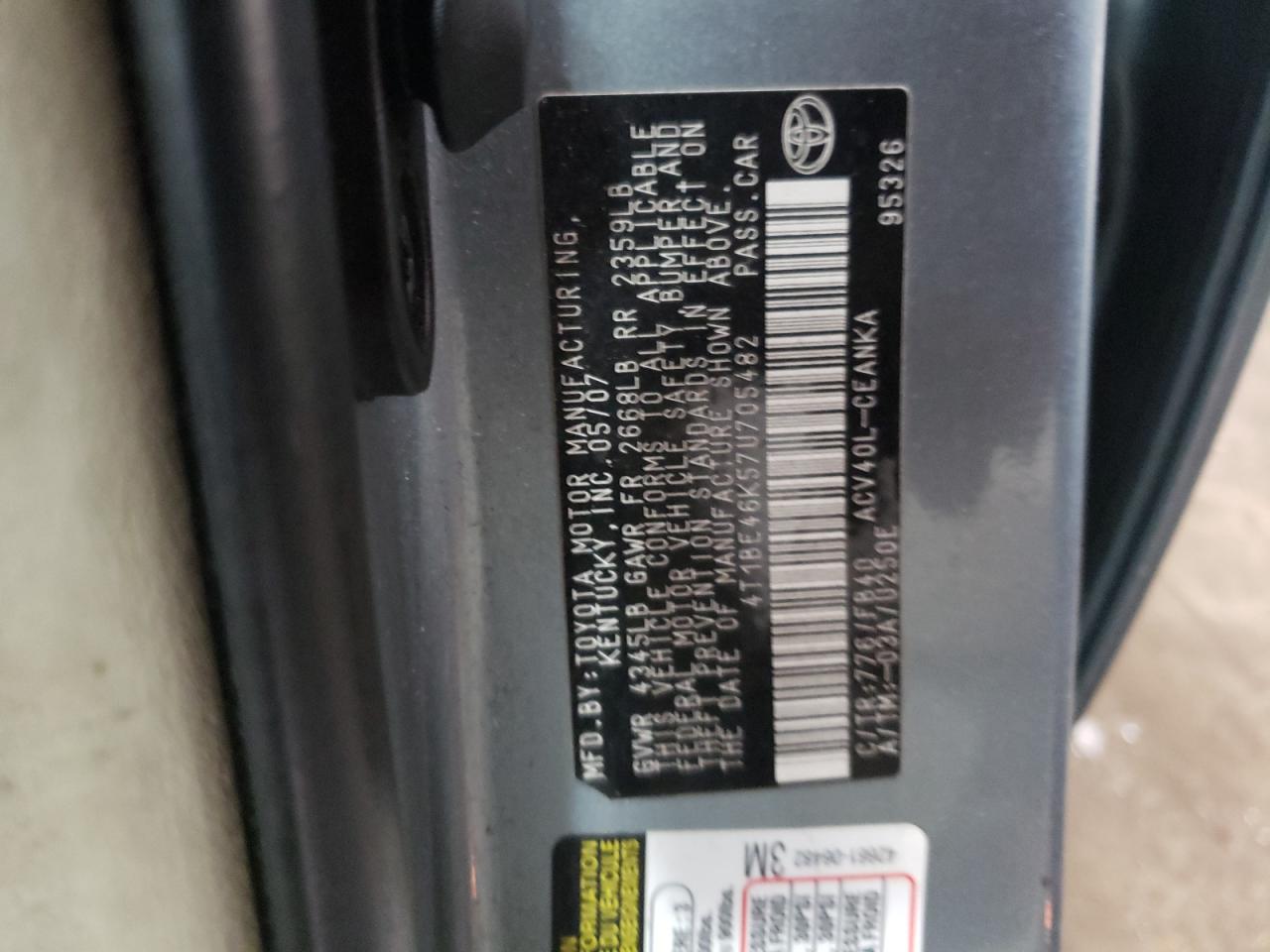 Photo 10 from auction – 2007 TOYOTA CAMRY CE with VIN 4T1BE46K57U705482