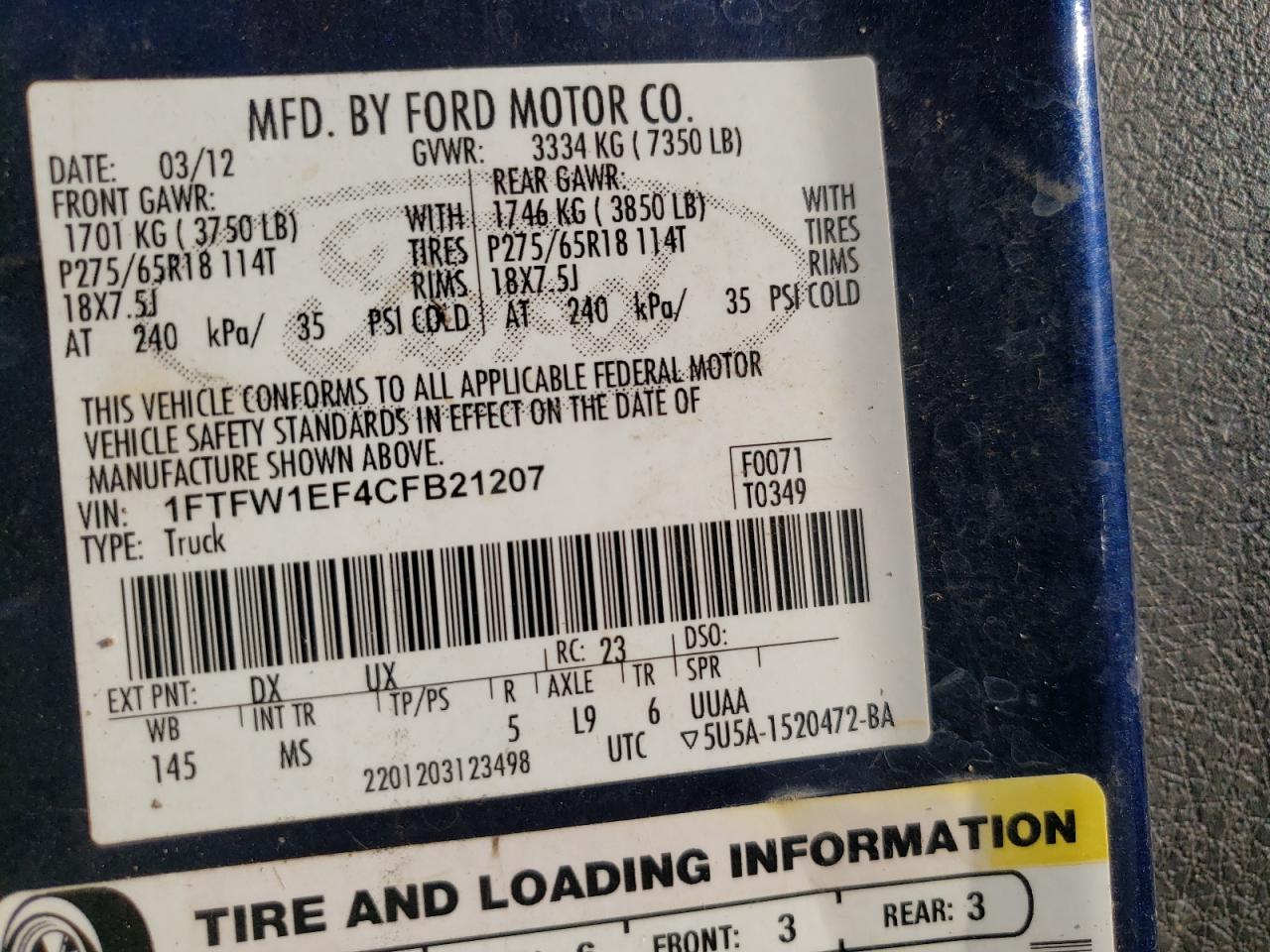 Foto 10 de la subasta – 2012 FORD F150 SUPER con VIN 1FTFW1EF4CFB21207