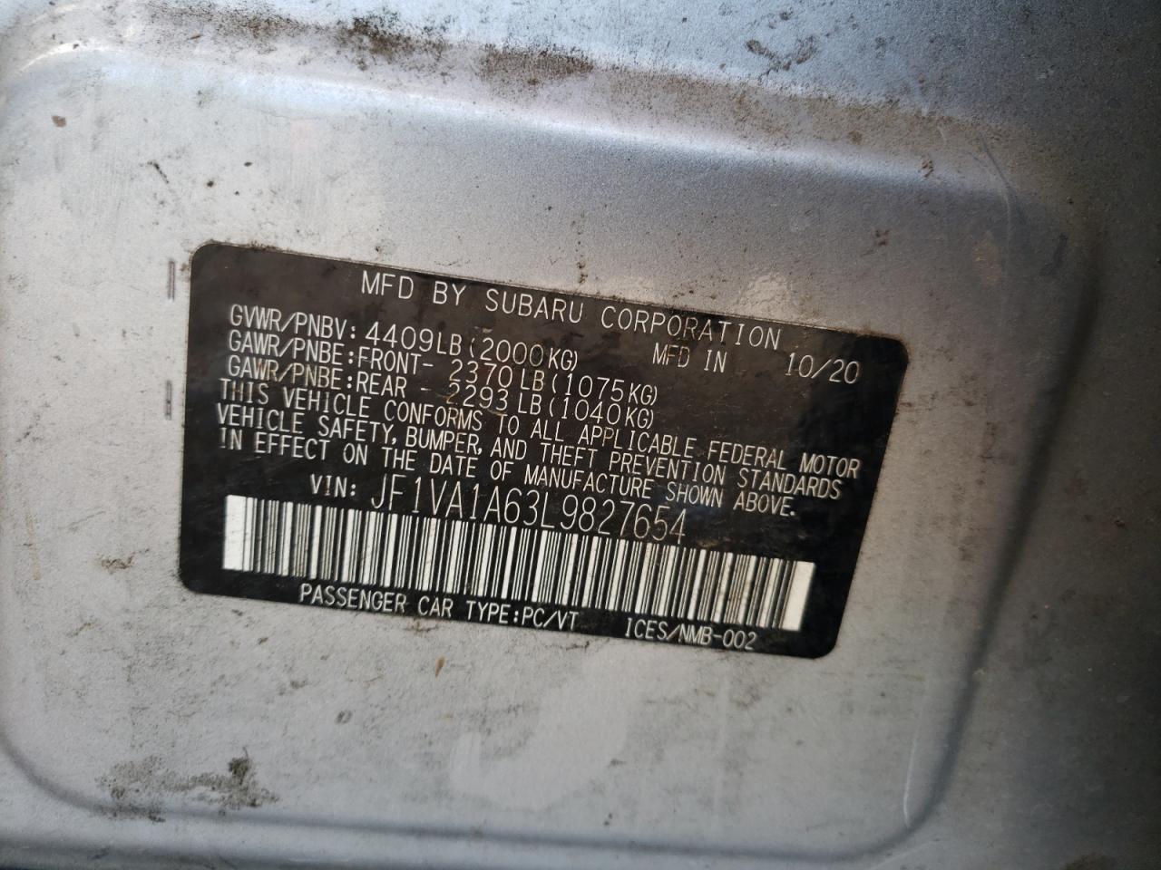 Photo 10 from auction – 2020 SUBARU WRX with VIN JF1VA1A63L9827654