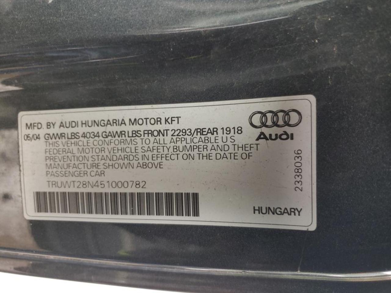 Photo 10 from auction – 2005 AUDI TT QUATTRO with VIN TRUWT28N451000782