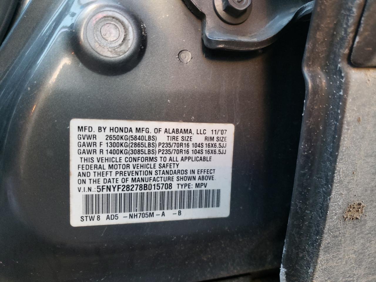 صورة رقم 10 من المزاد - 2008 HONDA PILOT VP مع VIN 5FNYF28278B015708