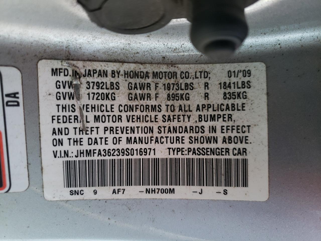 Photo 10 from auction – 2009 HONDA CIVIC with VIN JHMFA36239S016971