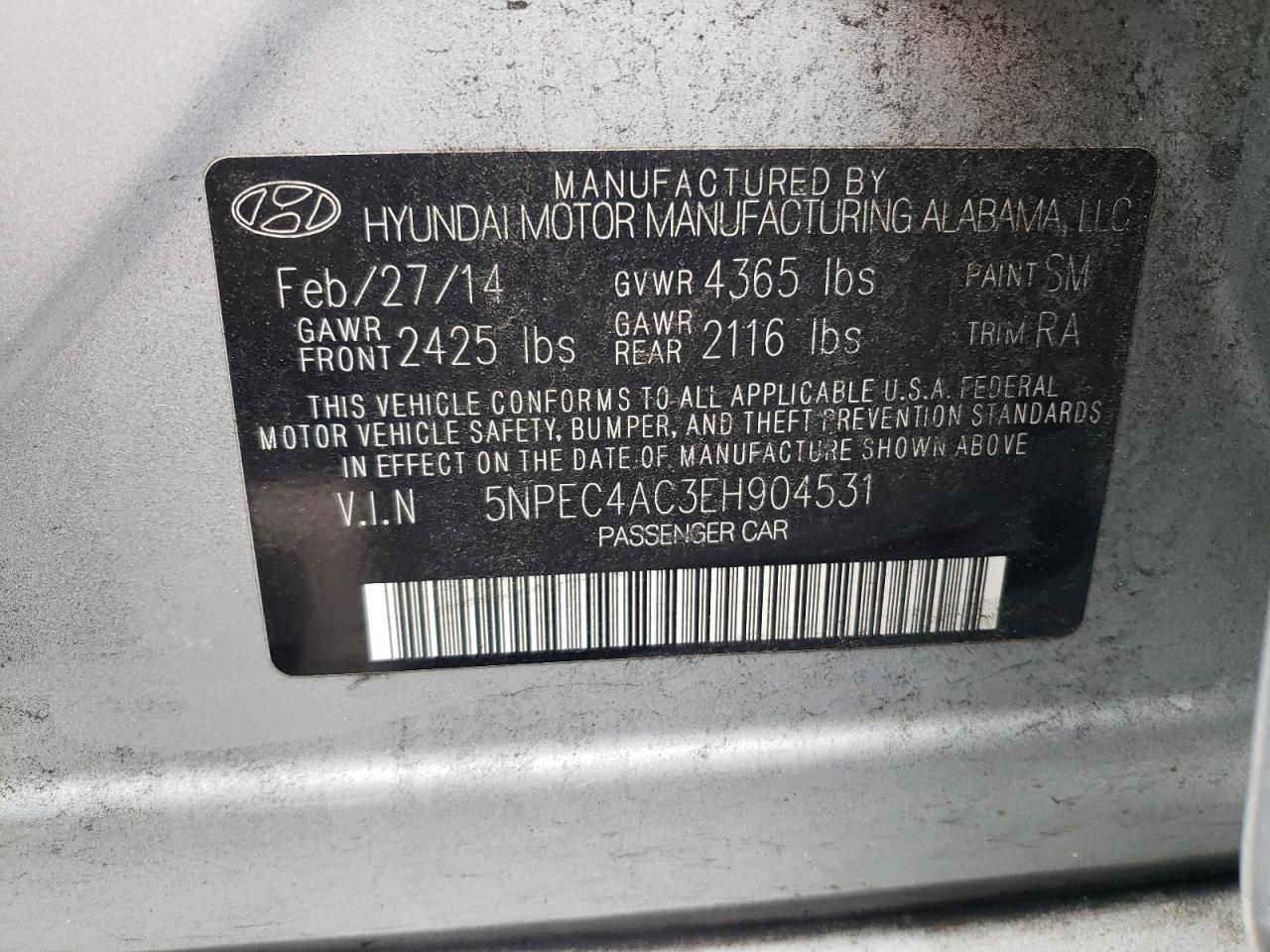 Photo 10 from auction – 2014 HYUNDAI SONATA SE with VIN 5NPEC4AC3EH904531