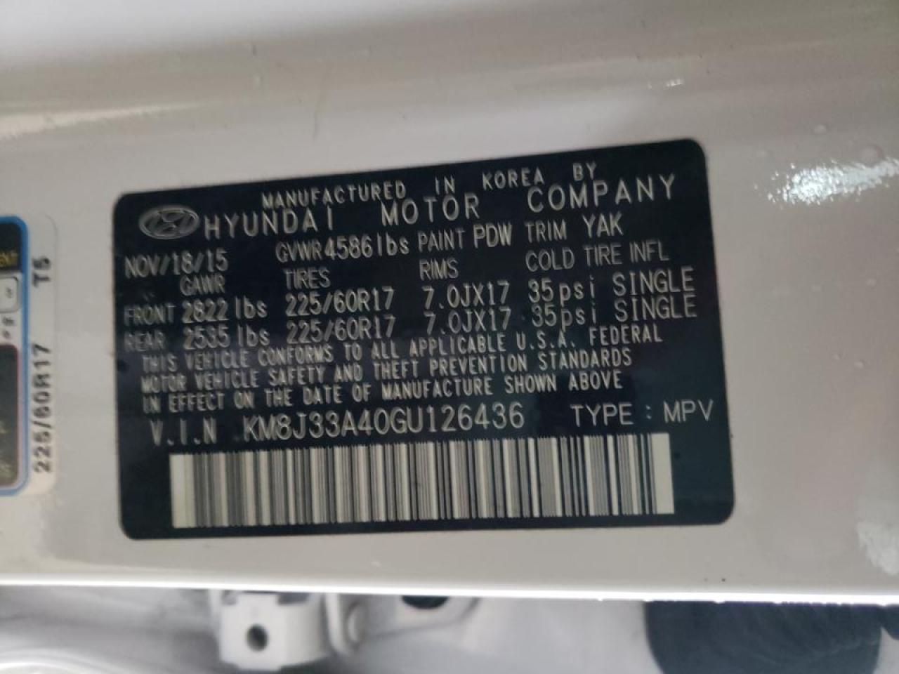 Photo 10 from auction – 2016 HYUNDAI TUCSON LIM with VIN KM8J33A40GU126436