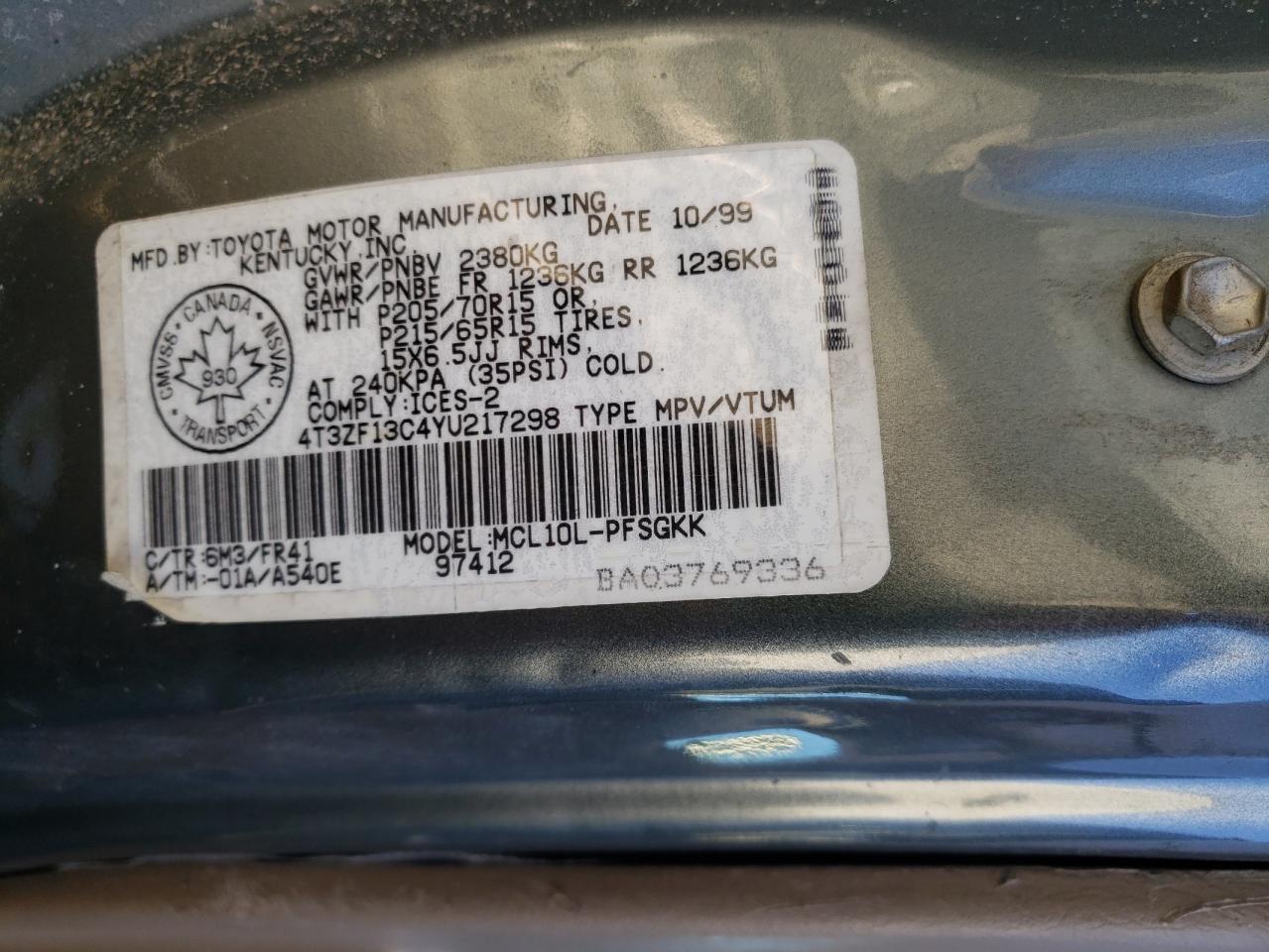 Photo 10 from auction – 2000 TOYOTA SIENNA LE with VIN 4T3ZF13C4YU217298